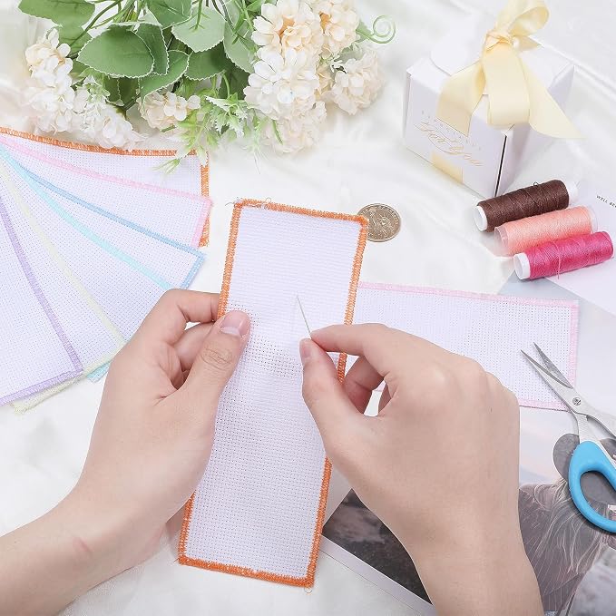 GLOBLELAND 18PCS 6 Colors Blank Cross Stitch Bookmarks 14CT Colored Lace Embroidery Edge Cross Stitch Bookmark Kits DIY Blank Bookmarks 7.5x2.7inch