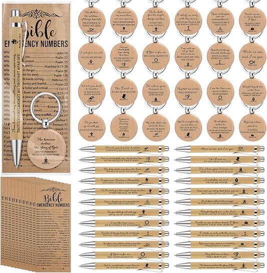 Feifeiya 25 Sets Father's Day Christian Gifts Bulk for Men Bible Verse Pens Keychains Emergency Number Bookmarks Religious Gift Party Favors for Father Pastor Church Baptism Sunday School(Wood Color)