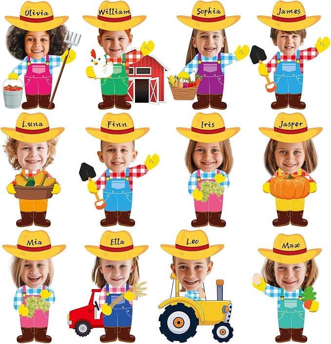 60pcs Farm Theme Cutouts Farmer with Straw Hat Bulletin Board Decorations Farmer Paper Cut-Outs Classroom Decor for Boy Girl Classroom DIY Craft Photo Kindergarten Preschool Wall Door Decor Supplies