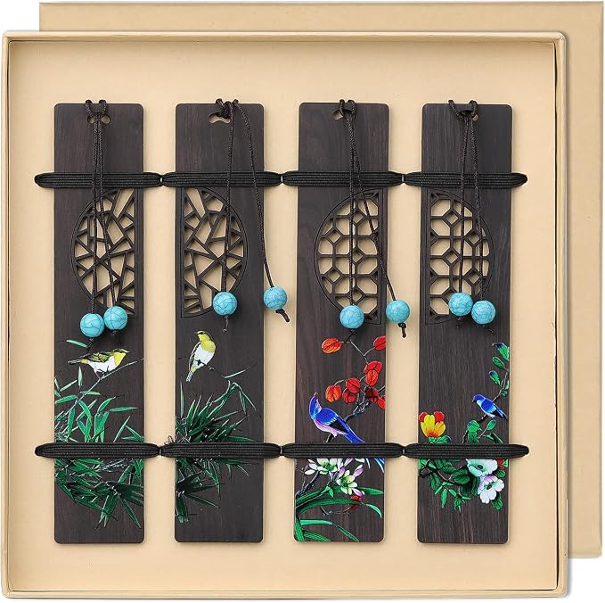 ZIZZON Wooden Bookmark for Men Women, Handmade Natural Wood Carving, Hollow Out and Painted Craft, Ideal Gifts for Men Women Friends Girls Teachers, Birthday Present (Bird and Orchid)