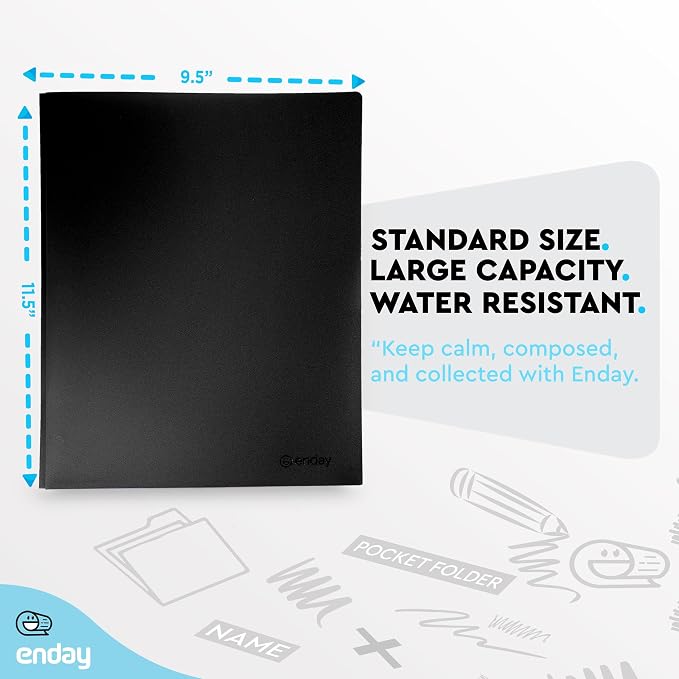Plastic Folders with Pockets and Prongs Black, Two Pocket Folder with Brads, 3 Prong Folders with Pockets for Letter Size Sheets (6 Pack) - By Enday