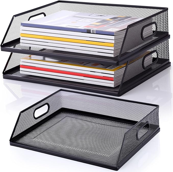 2 Pcs Paper Organizers Metal Mesh Desk Organizer Stackable Desk Tray Single Wire Mesh Organizer Front Load File Paper Holder for Desktop Office Home Classroom School