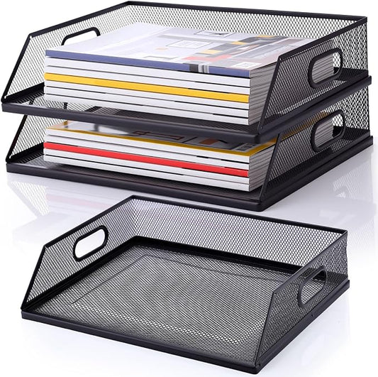 2 Pcs Paper Organizers Metal Mesh Desk Organizer Stackable Desk Tray Single Wire Mesh Organizer Front Load File Paper Holder for Desktop Office Home Classroom School