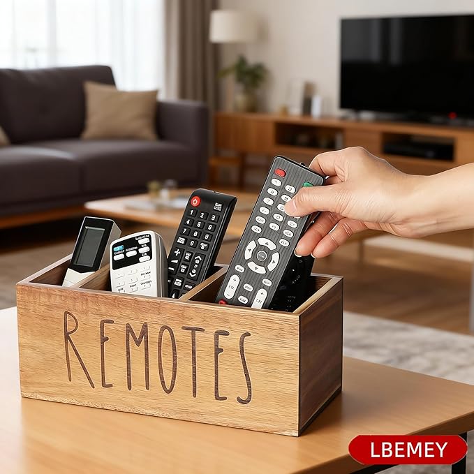 LBEMEY Acacia Wood Remote Control Holder, TV Remote Holder, Remote Organizer for Table,Home,Living room, bedroom for Wooden Remote Box (Brown, L,for 5+ Remote Controls)