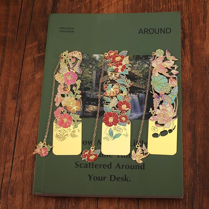 3 PCS Metal Bookmarks - Beautiful Flower Bookmarks for Women - Lotus, Hollyhock, Camellia (BKM-050-002)