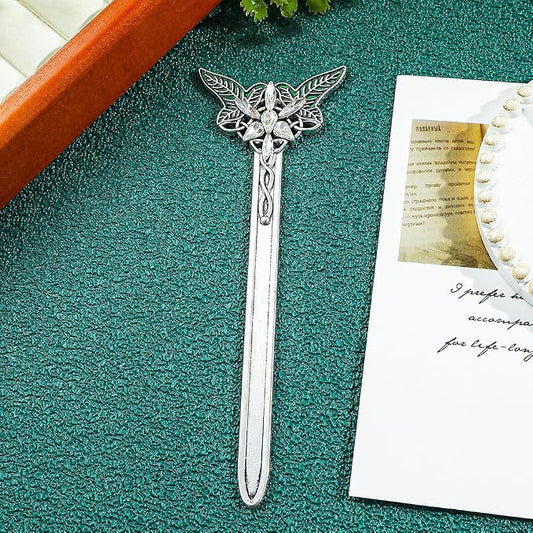 Fantasy Metal Bookmarks with Elvish Leaf, Sword Charm & Evenstar Engraving, Epic Quotes Carved Jewelry for Book Lovers, Dark Academia Gifts for Readers (Silver 1943)