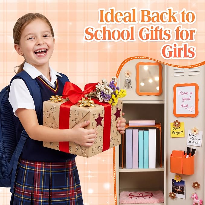 Colarr 16 Pcs Orange Locker Accessories for Girls Includes Magnetic Whiteboard & Mirror Locker Shelf Pen Holder 2 Dry Erase Marker & Eraser 9 Flowers for Back to School Essentials Decoration