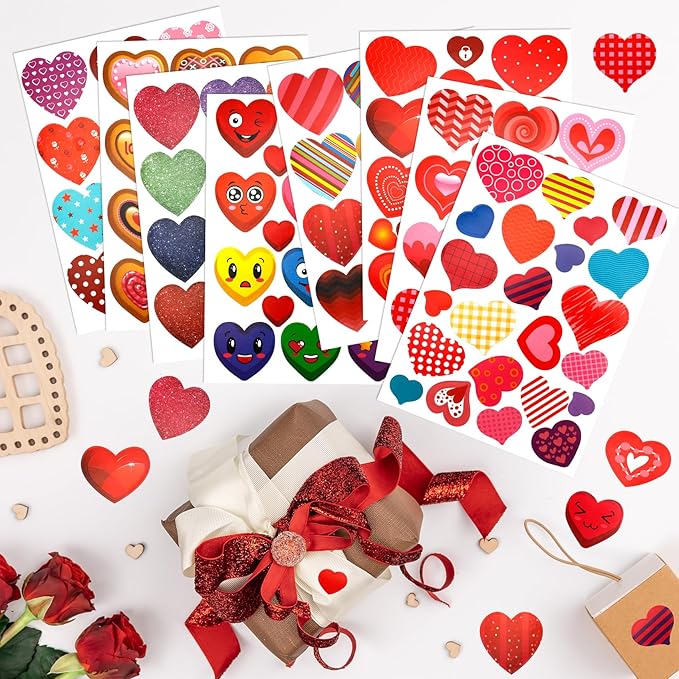 Heart Stickers, Valentines Stickers, 260PCS Valentine Day Heart Stickers, Self-Adhesive Hearts Decorative Sticker Decal for Mother's Day Wedding School Craft Activity Party Favors Supplies