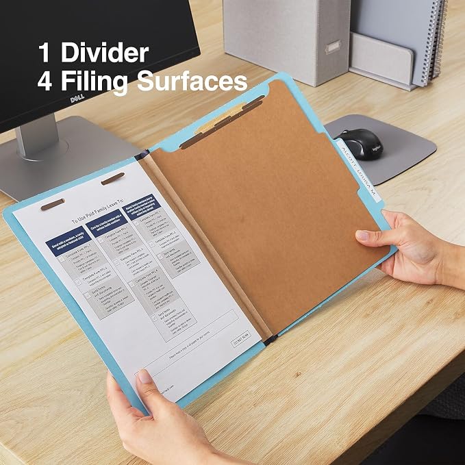 Staples Pressboard Classification Folder, Letter Size, 1 Divider, 2/5‑Cut Top Tab, Light Blue, Durable Construction, 20/Box