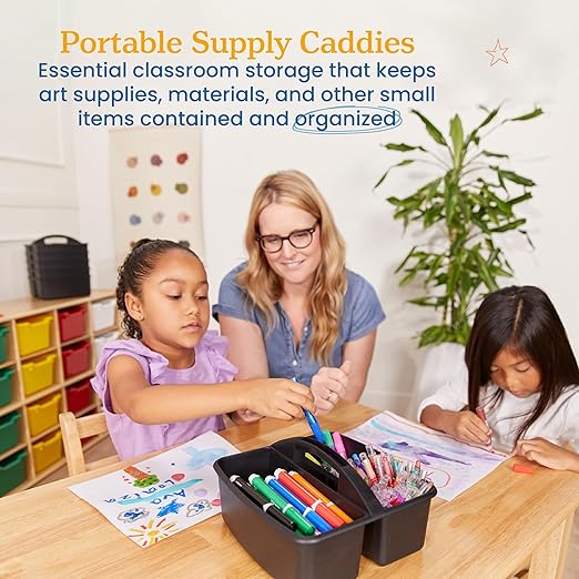ECR4Kids 3-Compartment Small Plastic Caddy, Multipurpose Organization, Black, 6-Pack