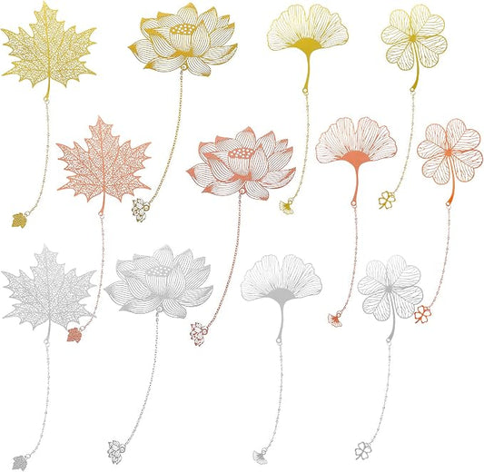 12 Pieces Metal Bookmarks with Chain for Women Metal Leaf Bookmark for Book Lovers Writers Readers Children Teens Adults Gold Silver and Rose Gold(Chain Style)
