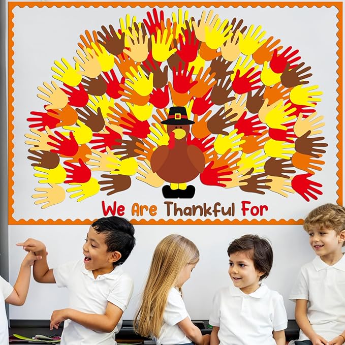 Zhanmai 118 Pcs Thanksgiving Turkey Bulletin Board Set Thankful Handprint Turkey Bulletin Board Decor Handprint Turkey Cutouts Turkey Craft for Classroom Fall Thanksgiving Wall Decor