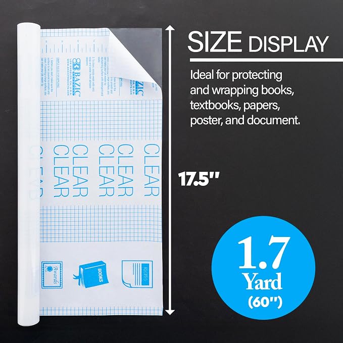 BAZIC Products Clear Self-Adhesive Book Cover Roll, 17.5 in x 5 ft, Clear Peel-and-Stick Film, for Textbooks School Books, Case of 48