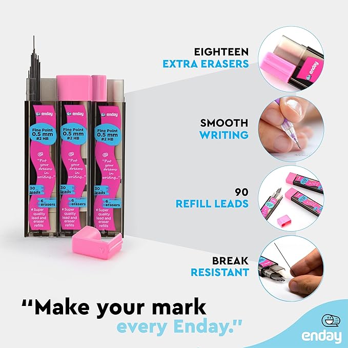 Enday Mechanical Pencil Refills, Black HB #2 Lead 0.5, White Eraser Refills for Pencil Tops, 2 Packs of 3 Tubes (30 Pieces of Lead & 6 Erasers per Tube)