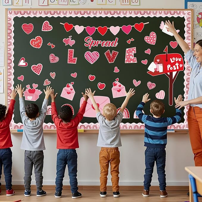 Valentine's Day Bulletin Board Decoration Set Heart Bulletin Board Borders for Bulletin Board Happy Valentine's Day Party Classroom Decorations Malibox Chalkboard Wall Door Decor