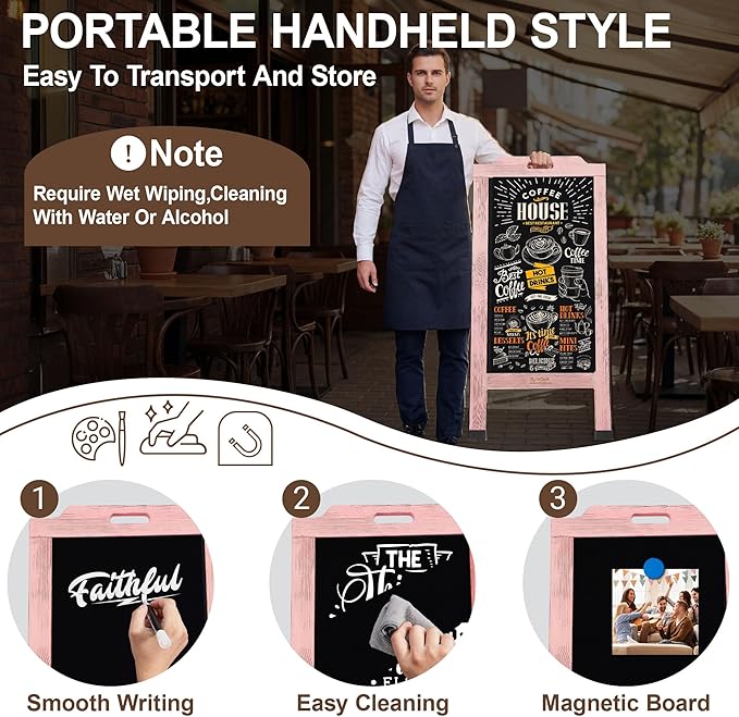 Magnetic Portable A-Frame Chalkboard Signs, 40" x 20" Large Wood Sandwich Board Signs Outdoor, Double-Sided Sidewalk Standing Chalk Board for Business, Wedding, Vendor Display, Coffee Shope - Pink