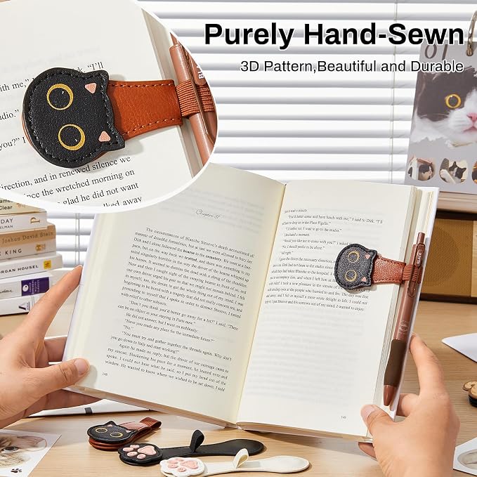 2Pcs Magnetic Bookmarks with Gift Box Magnetic Pen Holder for Notebook Cat Book Marks Clip Gift for Book Lover Readers Cute PU Leather Bookmark for Women, Cat+Paw (Brown+Black)