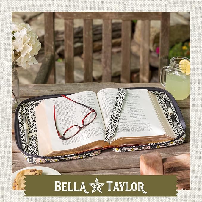 Bella Taylor Quilted Bible Cover for Women - Large Study Bible Case - Delicate Floral Charcoal