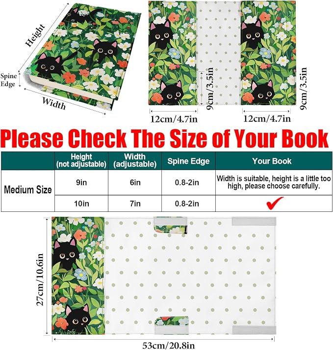 Cute Cat Floral Book Cover Protector, Adjustable Soft Canvas Fabric Book Cover with Pocket Bookmark, Double Side Print Book Dust Jacket Covers for Hardcover Bible Book Lovers Gift