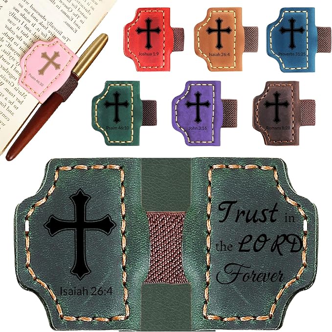 Personalized Leather Bookmark with Pen Holder - Magnetic Bible Verse Design, Christian Book Lovers Reading Accessory, for Book Lovers Men Women (Green, Isaiah 26:4)