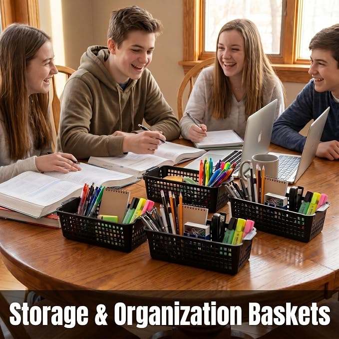 Domensi Black 12 Pcs Slim Plastic Storage Baskets for Organizing 11.6" x 5" x 3.4" Small Narrow Storage Bins with Handles & Label Area Thin Pencil Trays for Bathroom Drawer Office Desk Closet