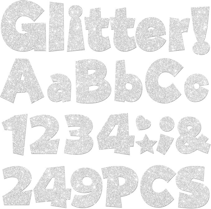 249 Pcs Glitter Bulletin Board Letters Numbers and Punctuation, 4 Inch Alphabet Poster Board Cardboard Letter Cutouts with Adhesive Dots for Classroom Bulletin Board School Decorations (Sliver)