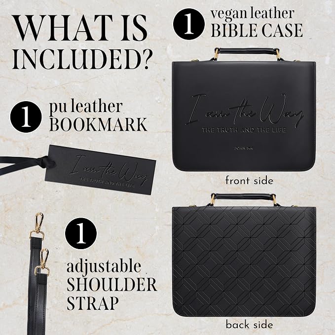 Premium Black PU Leather Bible Case with Embossed Scripture9.5¨x11.8– “I Am The Way, The Truth and The Life”- Matte Finish, 3Layer Construction, Detachable Strap, Matching Bookmark with Ribbon