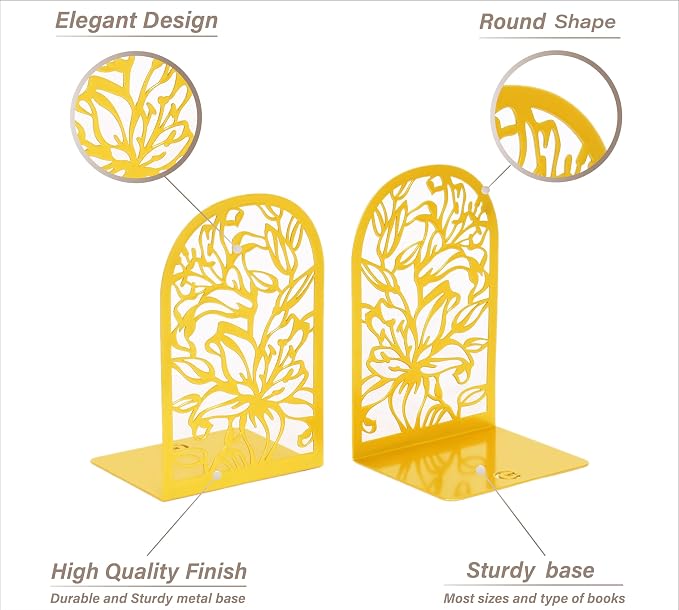 CNK Premium Bookends, Metal Book Stoppers for Heavy Books, Home Office & Decor (Lily Flower Gold)