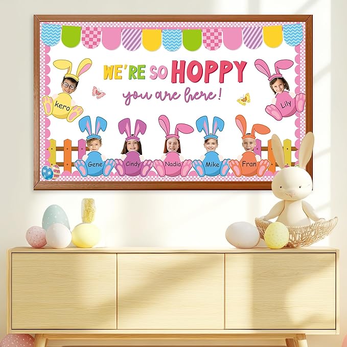 Easter Bulletin Board Set Egg Bunny Cutout DIY Picture Frame Crafts We are So Hoppy You are Here Bulletin Board Set Spring Easter Holiday Teacher School Door Wall Chalkboard Supplies