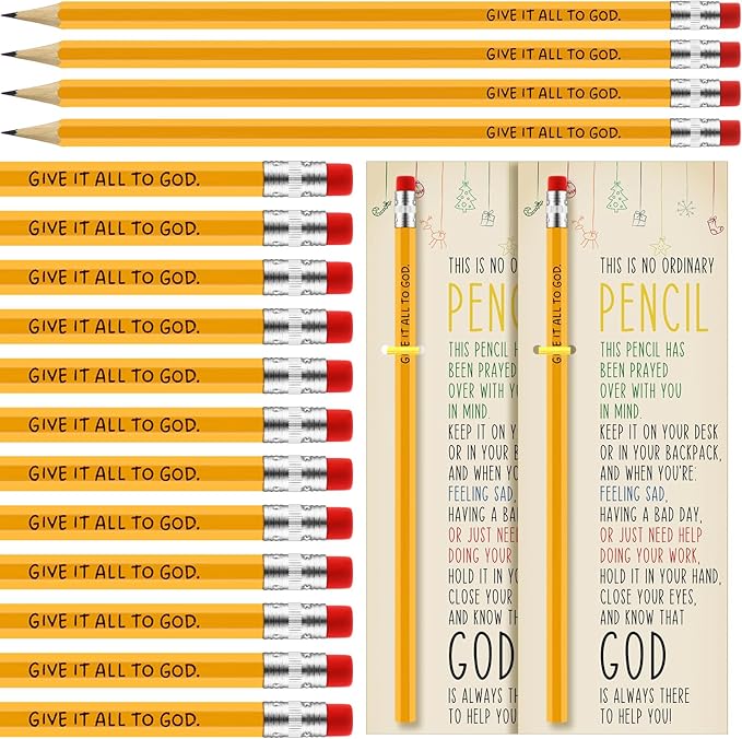 Fainne 100 Pcs Christian Pencils Gifts Bulk Verse Scripture Pencils with Cards Give It All to God Religious Church Gift for Christmas Prayer VBS Assumption Day Church Sunday School Teacher