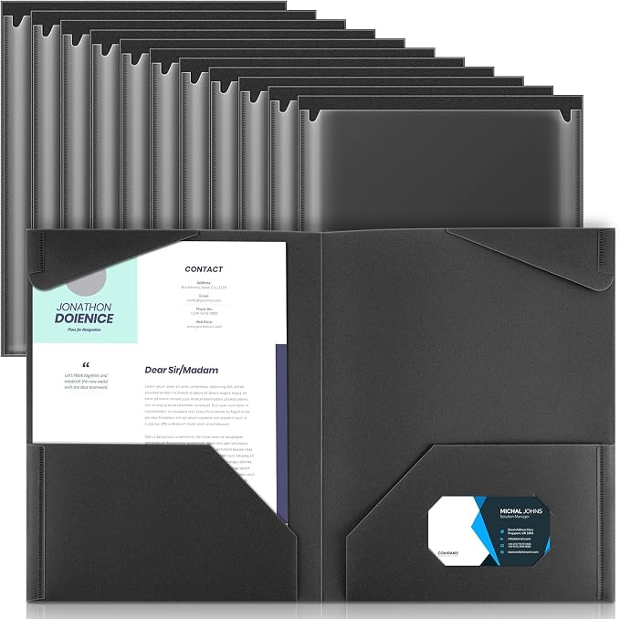 Henoyso 18 Pack Black Plastic Folders with Clear Front Pockets Heavy Duty File Folders with 2 Pockets and Card Slot for Student Communication School Office Presentation Report