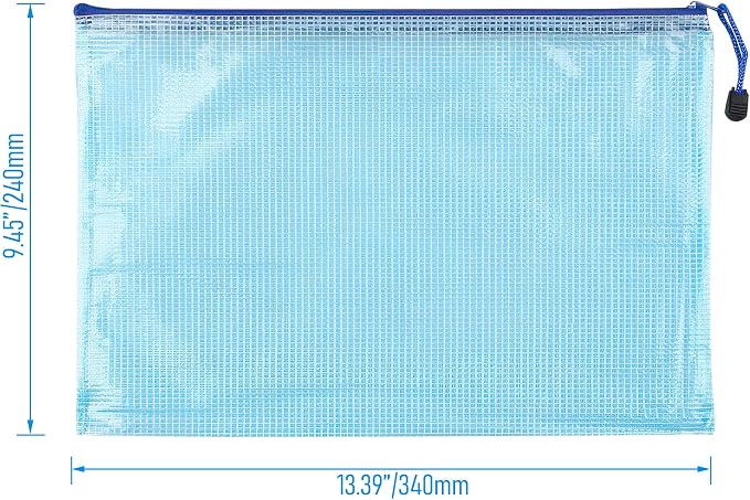 6 Pcs 13.39" x 9.45" A4 Sizes Mesh Zipper Pouch Bags, Mesh Bags with Zipper，Waterproof Clear Document Pouch for Organization Puzzles Travel, Office, Classroom Organization, A4 Blue