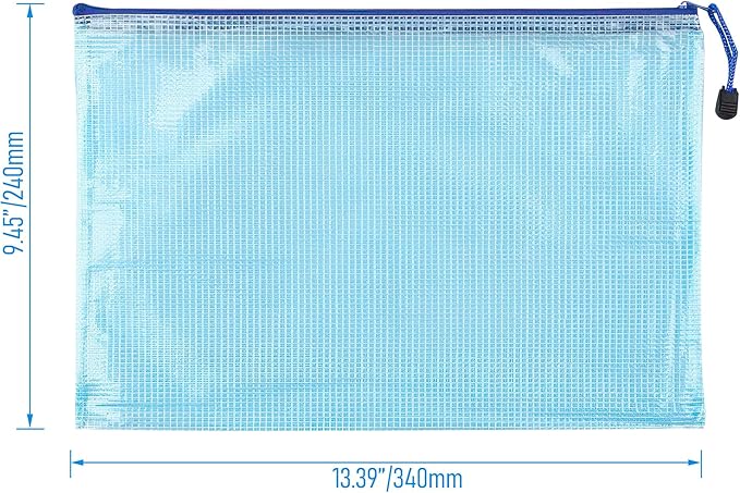 6 Pcs 13.39" x 9.45" A4 Sizes Mesh Zipper Pouch Bags, Mesh Bags with Zipper，Waterproof Clear Document Pouch for Organization Puzzles Travel, Office, Classroom Organization, A4 Blue