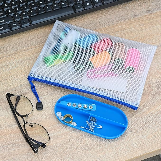 10 Pcs Zipper File Bags, Waterproof Plastic Mesh Pouch for Office School, Board Game Storage Bags (A5 Size 9.2''x6.7'', White and Blue)