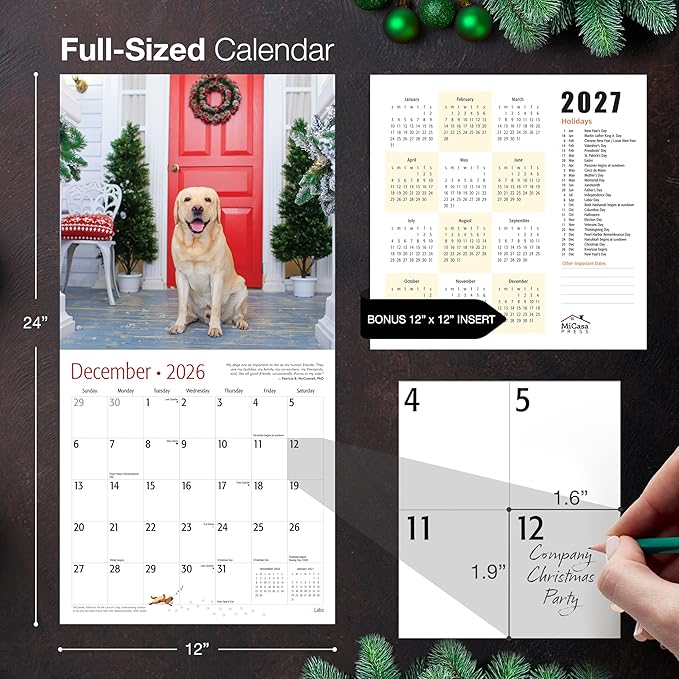 MICASA PRESS Labs 2026 Wall Calendar 12 Month | 12" x 24" Open | Thick & Sturdy Paper |Giftable | Cute Labrador Retriever Puppy Dog Calendar 2026