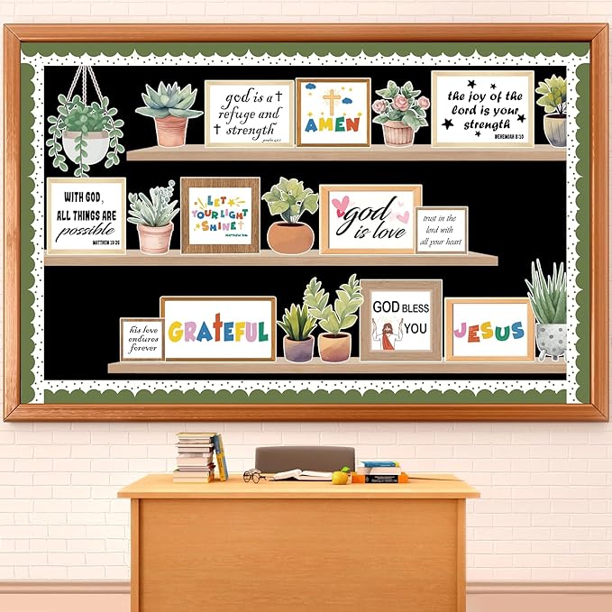 Christian Plant Inspirational Bulletin Board Set Summer Jesus Bible Verse Bulletin Board Sunday Back to School Potted Motivational Cutouts Greenery Religious for Classroom Chalkboard Wall Door Decor