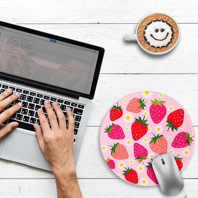 Gctriki Strawberry Mouse Pad, with Stitched Edge Non-Slip Rubber Base, Small Round Comfortable Computer Mousepad for Laptop Gaming Work, Pink Office Desk Accessories for Her