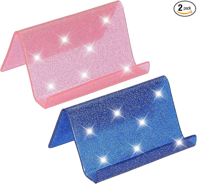 PATIKIL Business Card Holder for Desk, 2Pcs Acrylic Business Card Holders Shine Card Stand Organizer Cards Display for Office Exhibition, Pink/Blue