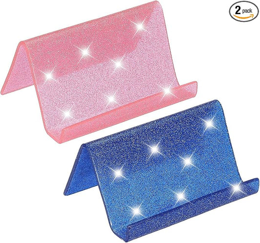 PATIKIL Business Card Holder for Desk, 2Pcs Acrylic Business Card Holders Shine Card Stand Organizer Cards Display for Office Exhibition, Pink/Blue