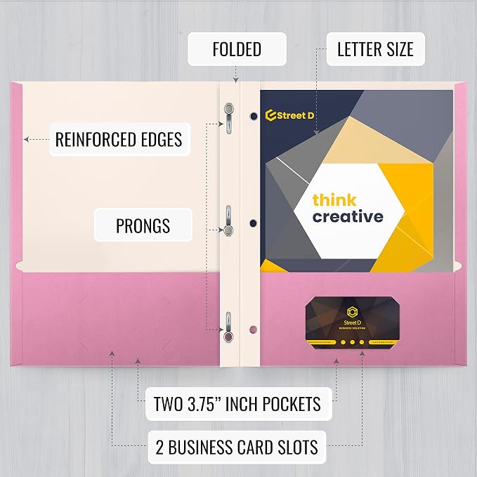 Better Office Products Pink Paper 2 Pocket Folders with Prongs, 50 Pack, Matte Texture, Letter Size Paper Folders, 50 Pack, with 3 Metal Prong Fastener Clips, Pink