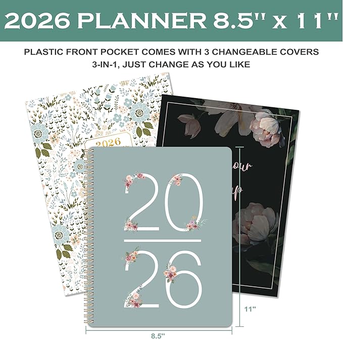 2026 Planner - Jan. 2026 - Dec. 2026, 8.5" x 11" Planner Weekly and Monthly, Calendar Planner 2026 with 3 Interchangeable & Waterproof Covers, 12 Monthly Tabs