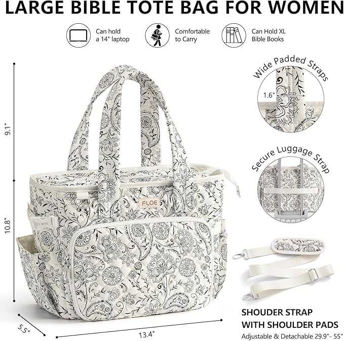 Large Bible Bag for Women Bible Cover Case, Quilted Puffer Bible Tote Bag Church Bag w/Shoulder Strap, Bible Study Supplies Journaling Kit Accessories Tabs, Mothers Day Christian Gifts for Women Mom