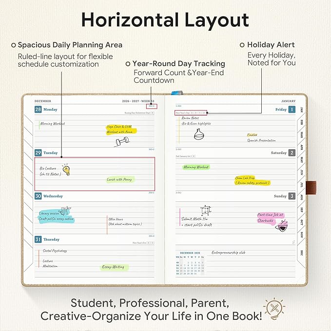 Planner 2026-2027 Weekly & Monthly Planner, 18 Month Academic Calendar July 2026 – Dec 2027, Horizontal Layout with Monthly Tabs, Textured Fabric Hardcover, Khaki