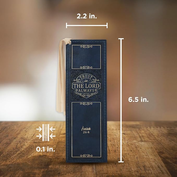Christian Art Gifts Vegan Faux Leather Scripture Bookmark for Men & Women: Trust In The Lord - Isaiah 26:4 Inspirational Bible Verse Heat-Debossed, Faith-Based Reading Accessory with Tassel, Navy Blue