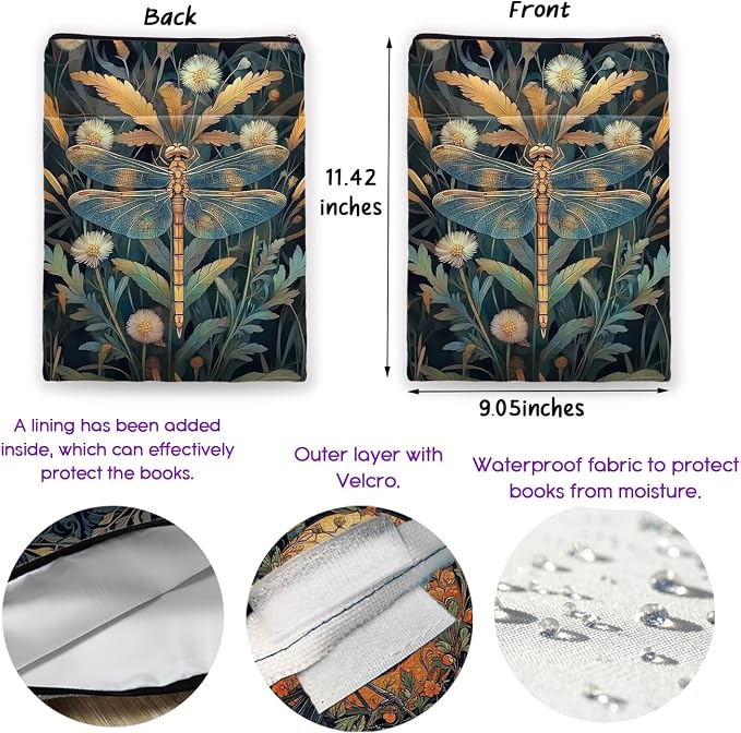 Vintage Flower Dragonfly William Morris Book Sleeve for Book Lovers, Bookish Book Protector with Zipper, Washable Fabric Book Cover for Paperbacks,11.4 x 9.1Inches (Light Blue-Dragonfly, Medium)