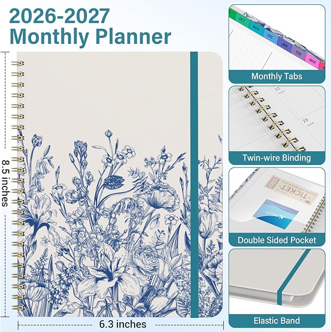 2026 Planner, Weekly and Monthly Calendar Planner for Women, 6.3" x 8.5", Jul 2026 - Jul 2027, Hardcover Planning Agenda book with Tabs, Spiral Bound, Inner Pocket, for School Office Supplies(Blue Florals)