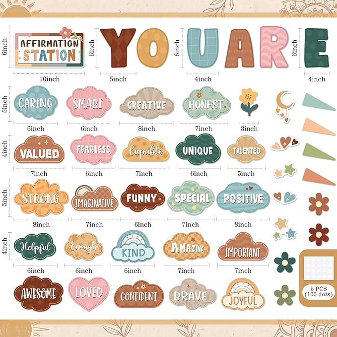 45pcs Classic Boho Bulletin Board Set Motivational Posters Classroom Mirror Growth Mindset Decor Positive Affirmations Accents Cutouts for School Office Home Teacher Wall