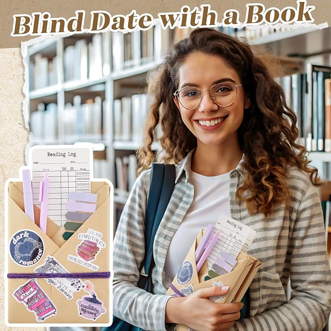 6 Set Blind Date with a Book Gift Box Supplies Includes Romance Book Stickers Kraft Paper Ballpoint Pens Highlighters and More for Bookish Librarian Readers Lovers Club Valentine's Gift