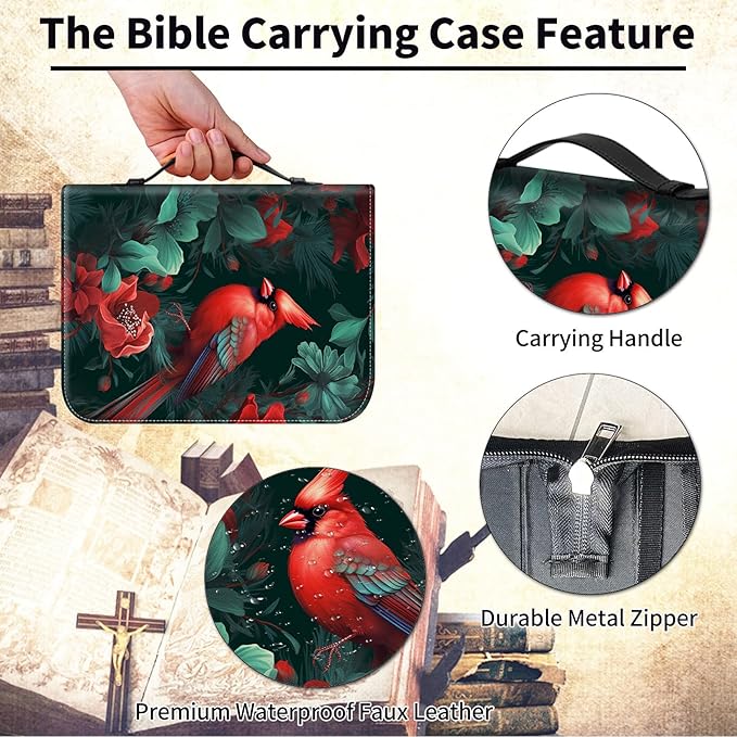 Bible Cover for Men Women,Large Leather Bible Case Fit Book Up to 11x8x2 Inch,Cardinal Red Bird on Tree Bible Covers Bible Study Carrier Church Bags w/Handle & Zipper