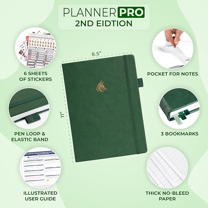 Clever Fox Planner PRO 2nd Edition – Undated Weekly Agenda Planner for Setting Goals, Tasks & Time Management – Life Organizer with To-do Lists & Habit Trackers – Large, 8.5x11″ (Forest Green)